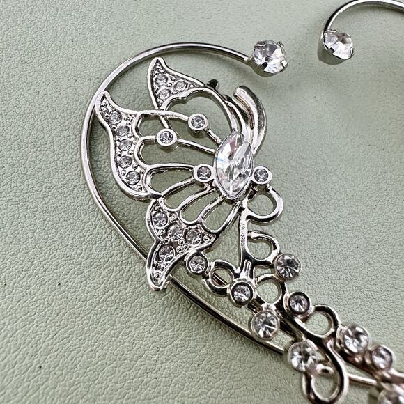 Silver Tone Butterfly Ear Cuffs Climber Hooks Rhinestone Fairycore Whimsical - Picture 2 of 5